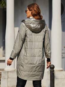 Astrid Plus Size Winter Casual Denim Detail Hooded Mid-Length Cotton Padded Coat - Beige - View 4