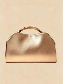 Vintage Textured Cross-Hatch Coffee Evening Clutch Bag With 3D Gold Large Ring Accessory, Small Purse For Formal Dress - Coffee Brown - View 4