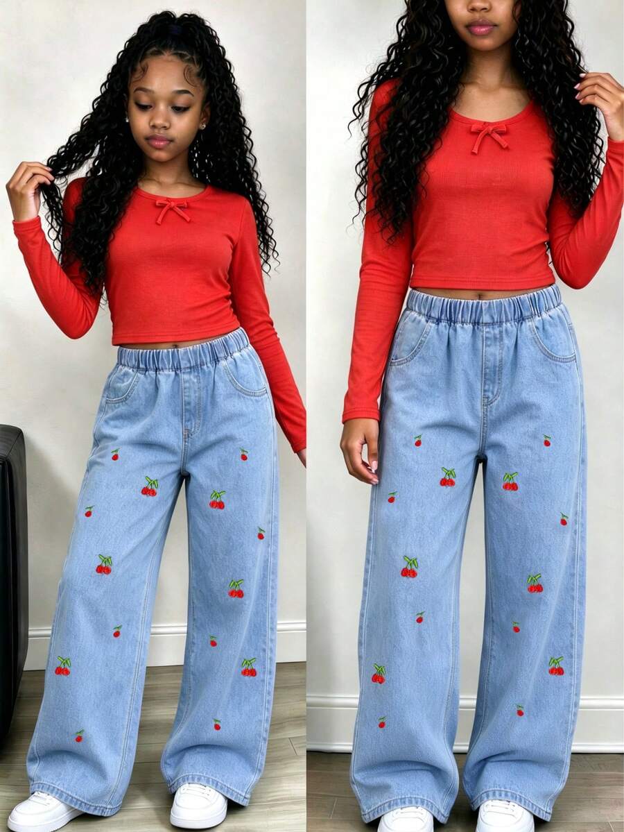 Tween Girls Textured Striped Bow Casual Top With Cute Cherry Embroidered Straight Leg Denim Jeans, Comfortable Autumn/Winter Outfit - Multicolor - View 1