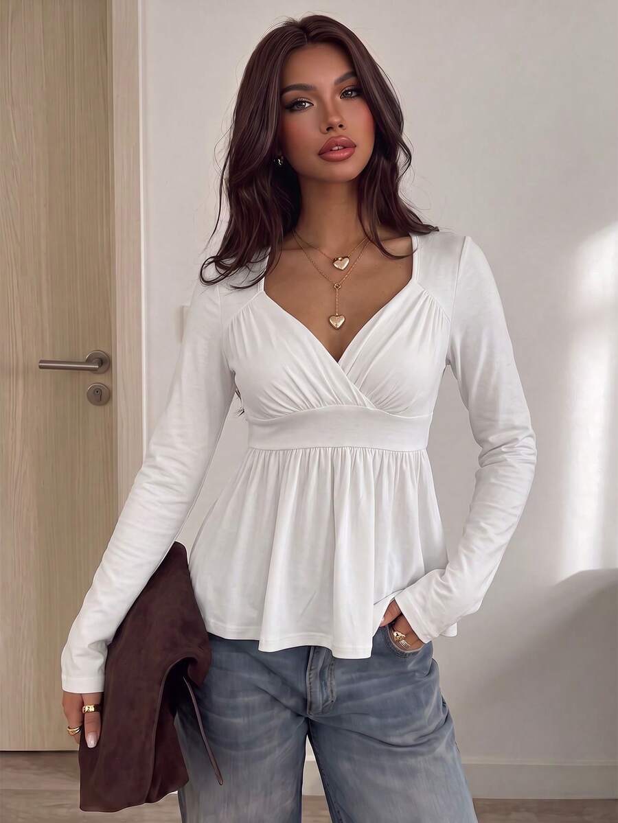 SCARLUX Women's White Y2K Long Sleeve T-Shirt, Ruched Design, Suitable For Back To School Street Style, Commuting And Casual Home Wear - White - View 1