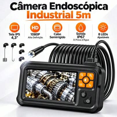 Câmera endoscópica genérica com luz, boroscópio de inspeção portátil com tela IPS de 4,3 polegadas, lente dupla de 8 mm, à prova d'água IP67, câmera de inspeção HD 1080P para automóveis, esgoto, HVAC (5 m / 16,4 pés)
