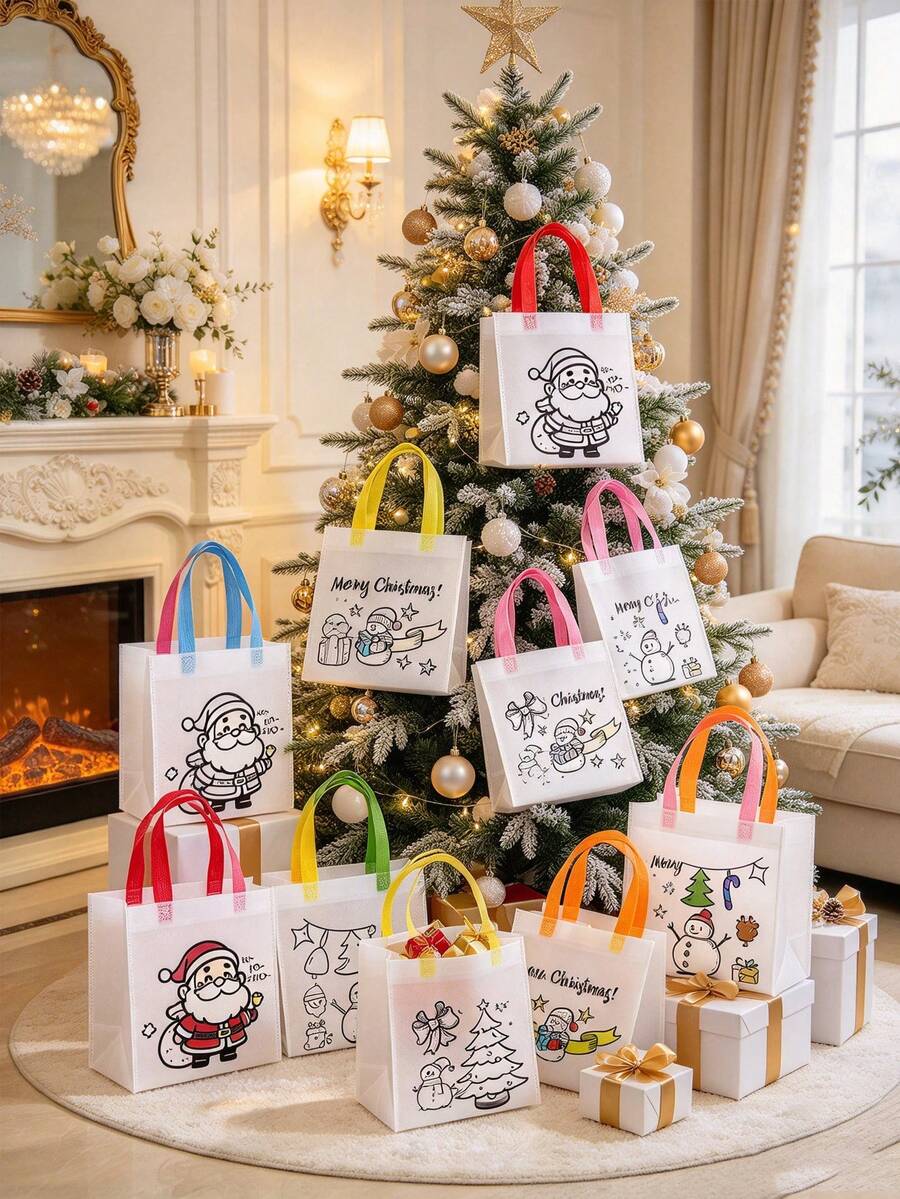 12入萬聖節聖誕節DIY禮品袋 塗鴉托特袋 線條圖案禮品袋附彩色提把 氛圍營造用品 拍照道具 適用派對包裝 包裝袋 桌心裝飾 禮品袋 - 多色 - 查看 1