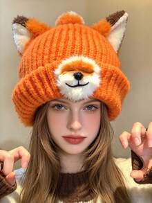 1pc Women's Fox Ear Plush Knit Hat, Autumn/Winter Style, Face-Slimming, Warm And Versatile Knitted Wool Hat - Multicolor - View 3