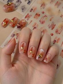 1 Sheet Autumn Winter Nail Stickers, Chinese Style Ink Wash Petal Nail Stickers, Orange Pink Blush Gradient Self-Adhesive Nail Decorations - Multicolor - View 4