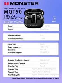 MONSTER MQT50 TWS Wireless Earbuds, Bluetooth 5.4 In-Ear Gaming Headphones, ANC Active Noise Cancellation, IPX4 Sweatproof, HiFi Stereo Deep Bass, Built-In Microphone, Touch Control, 18-Hour Battery Life, Compatible With IOS And Android, Suitable For Fitness, Music And Calls - View 10