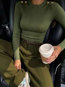 Women's Casual 2 Pieces Set For Autumn & Winter, Elegant Ribbed Knit Top With Gold Buttons On Shoulders, High-Waisted Non-Stretch Wide-Leg Pants - Army Green - View 2