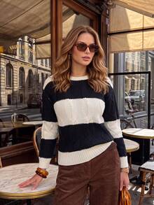 Vintage Black & White Colorblock Cable Knit Sweater, Round Neck Drop Shoulder Loose Long Sleeve Soft Flattering Knit Top - Black and White - View 1