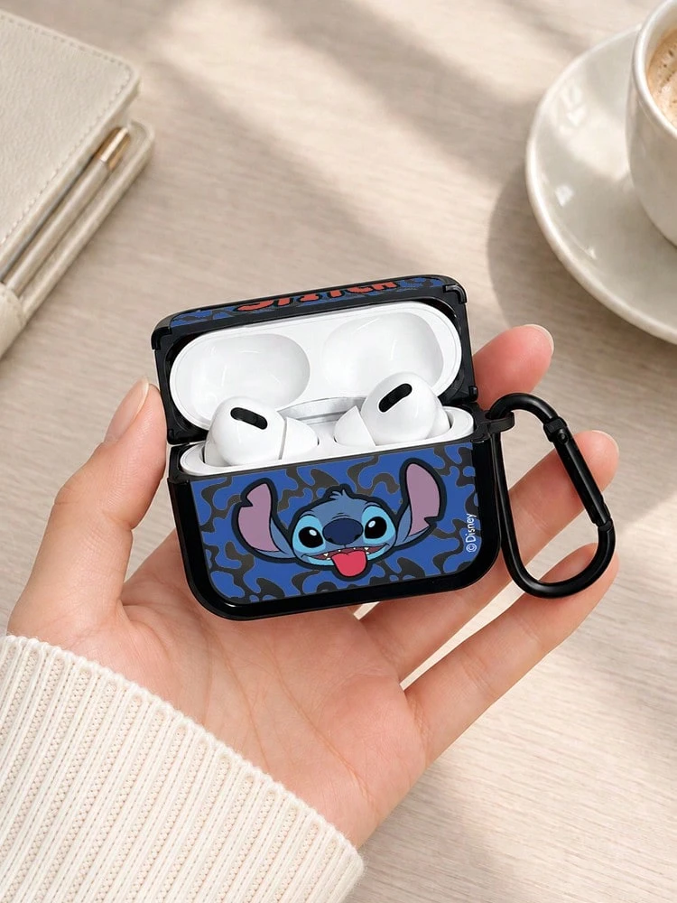 Miniso Disney Premium TPU 藍牙耳機保護殼,附 1 個同色掛鉤,適用 AirPods 1/2/3/4/5/Pro/Pro 2/Pro 3,新款軟耳機殼,可愛卡通史迪奇,情侶通用 - 黑色 - 查看 1