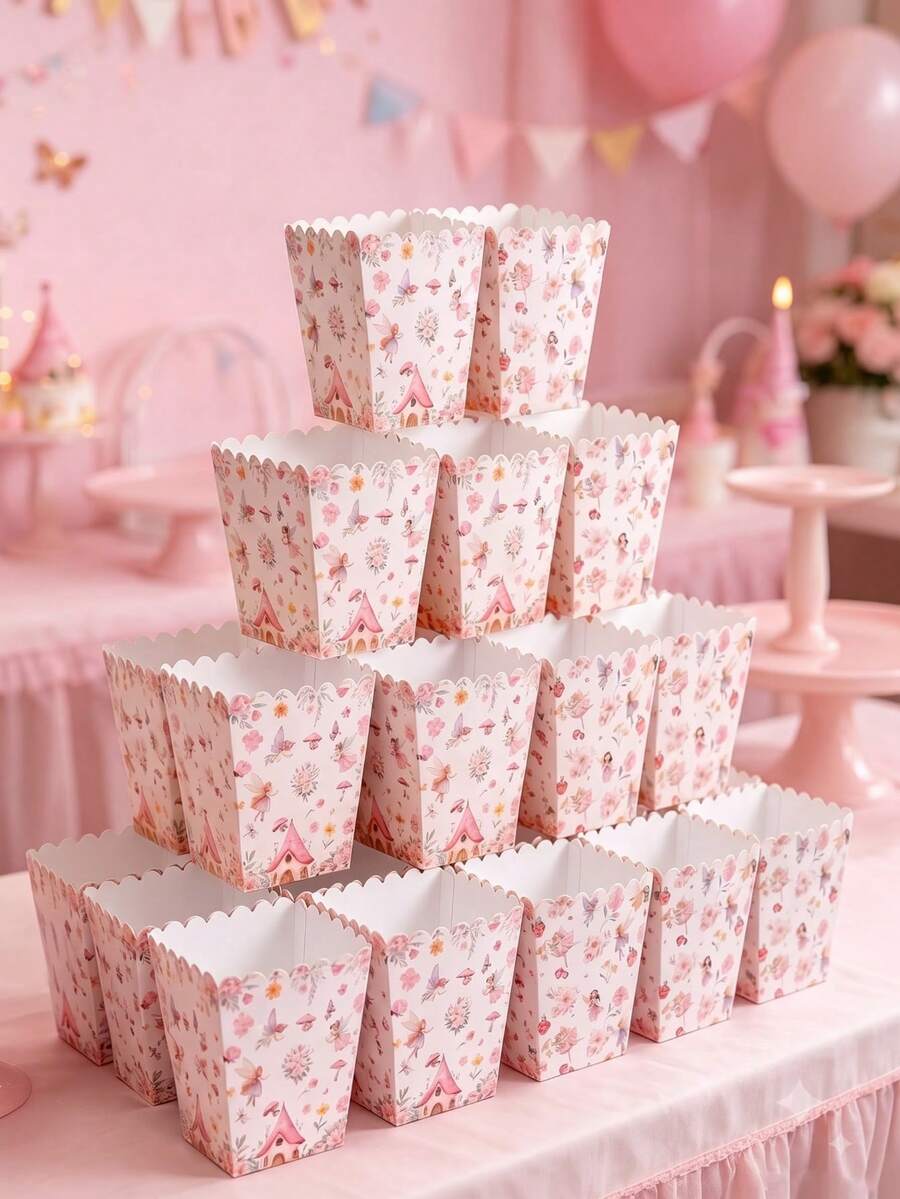 10pcs/Set Themed Popcorn Boxes, Floral Pattern Snack Containers, Spring/Summer Party Decor, Gender Reveal Party Decor, Disposable Food Containers, Birthday Decorations, Wedding Supplies, Bridal Shower Favors, Holiday Party Essentials