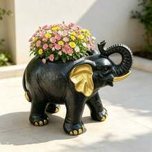 Large Elephant Resin Flowerpots, Windproof Animal-Shaped Pots, Decorative Garden Pots, Outdoor Garden Decor, Courtyard Balcony Home Decorations, Traditional Style - Black - View 4