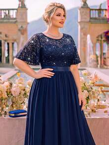 Plus Sequin Floral Lace Butterfly Sleeve Chiffon Pleated Hem Evening Party Long Dress, Wedding Guest Dress, For Birthday, Prom, Dinner, Festivals - Navy Blue - View 7