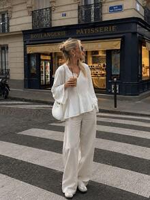 Women's White V-Neck Ruffle Top, Wrist-Length Sleeves, Semi-Sheer Woven Fabric, Fashionable Versatile, Suitable For Autumn Wear - White - View 1