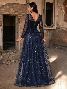 Autumn/Winter Elegant Navy Blue Sequin Leaf Embroidery Patchwork Velvet Sheer Long Sleeve 2-In-1 High Slit Formal Maxi Dress, Suitable For Parties And Weddings - Royal Blue - View 4
