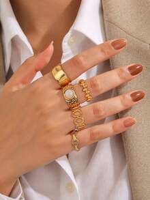 5pcs Stainless Steel Gold Fashion Versatile Old Money Style Geometric Thick Oval Rings Set Suitable For Women Daily, Holiday, Party, Travel Wear - Multicolor - View 1