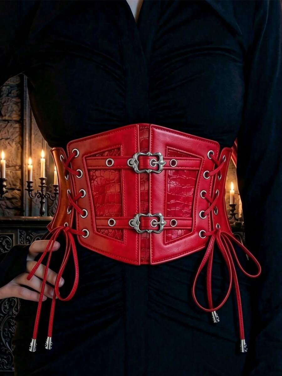 1 buah Aksesori Renaissance Wanita Gaya Gotik Merah, Sabuk Kulit PVC Modis, Cocok untuk Pesta Halloween atau Pemakaian Sehari-hari