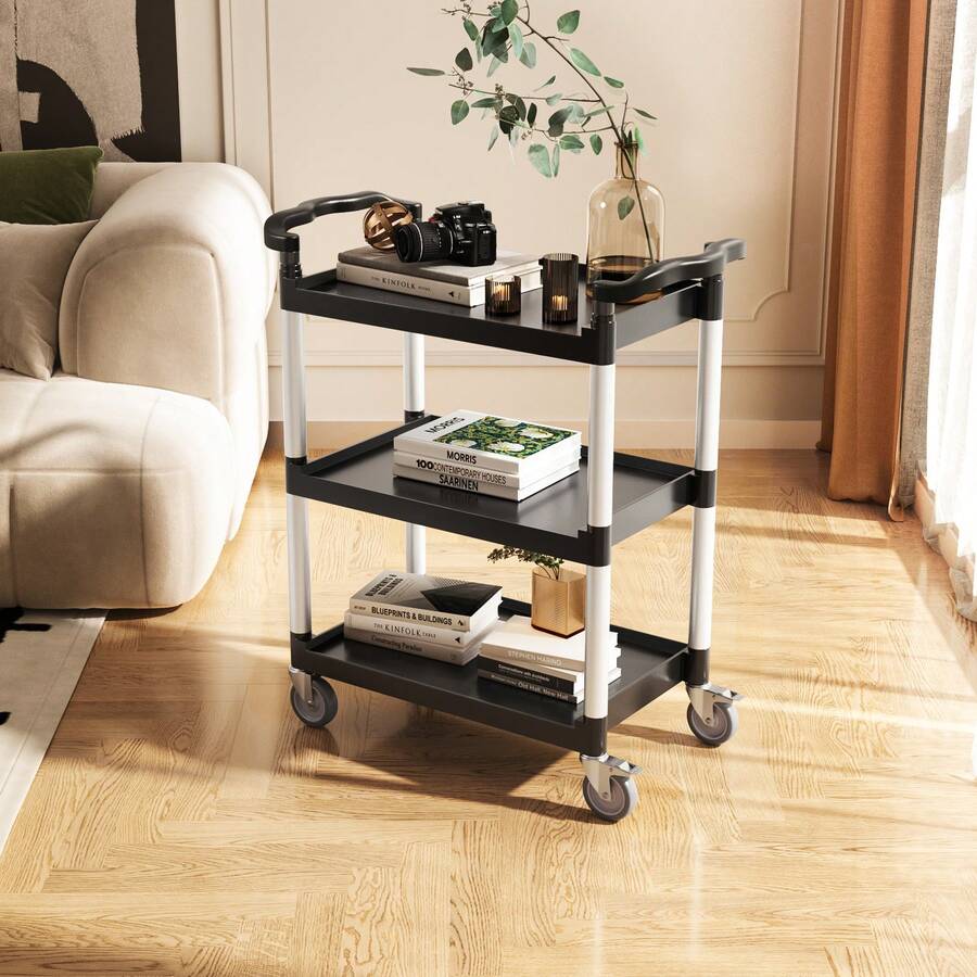 Utility Cart, 300 Lbs Load Capacity, 2-Tier Utility Plastic Cart With 360° Swivel Wheels (2 With Brakes), 24.4 X 16.1-Inch Food Service Cart For Warehouse, Office, Home, Restaurant, Kitchen - 14.7 Lbs - View 1