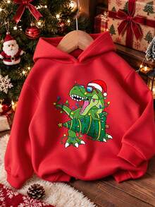 Boys Christmas Dinosaur Print Hoodie, Casual Long Sleeve Top - Red - View 5