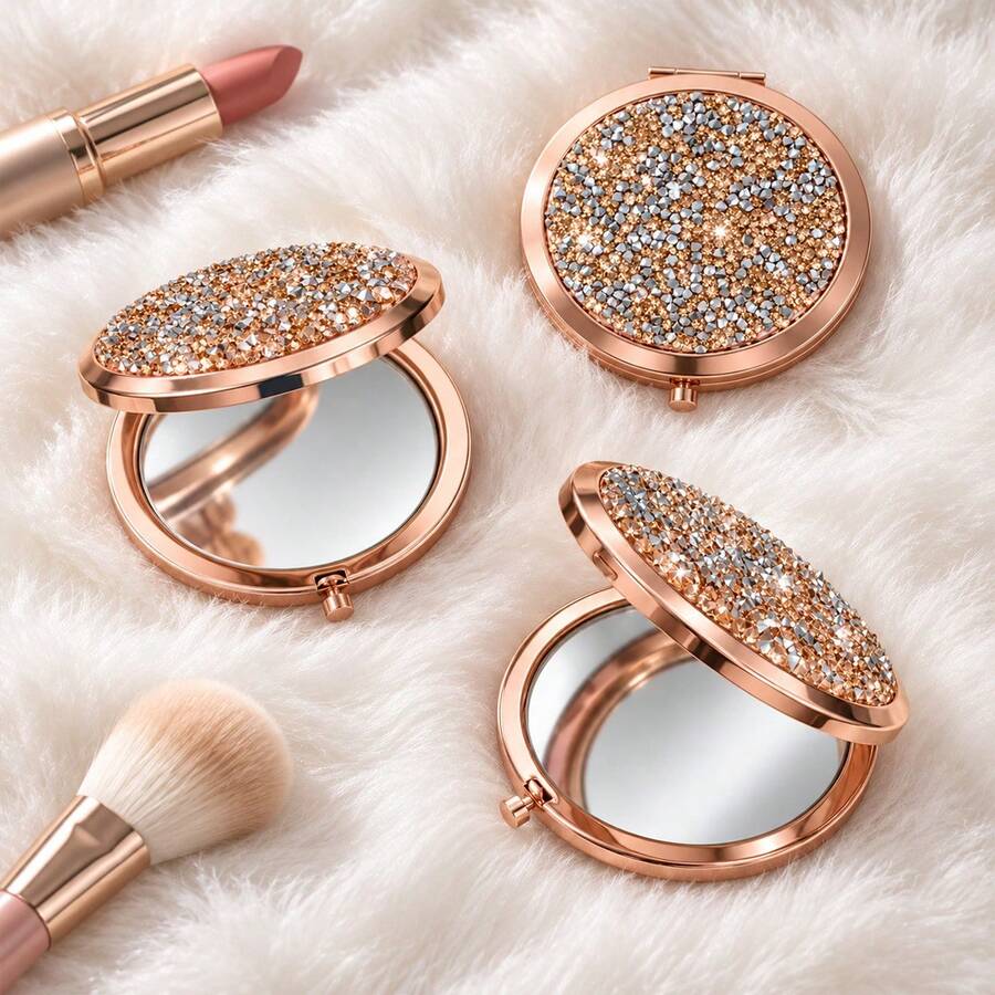 Goiple Rhinestone Makeup Mirror, Round Sparkling Rhinestone Portable Mirror, Double-Sided 2X Magnification, Folding Pocket Makeup Mirror, Portable Mini Makeup Mirror, Travel Beauty Mirror, Suitable For Business Trips And Home Use, Skincare Makeup Beauty Tool - Multicolor - View 1