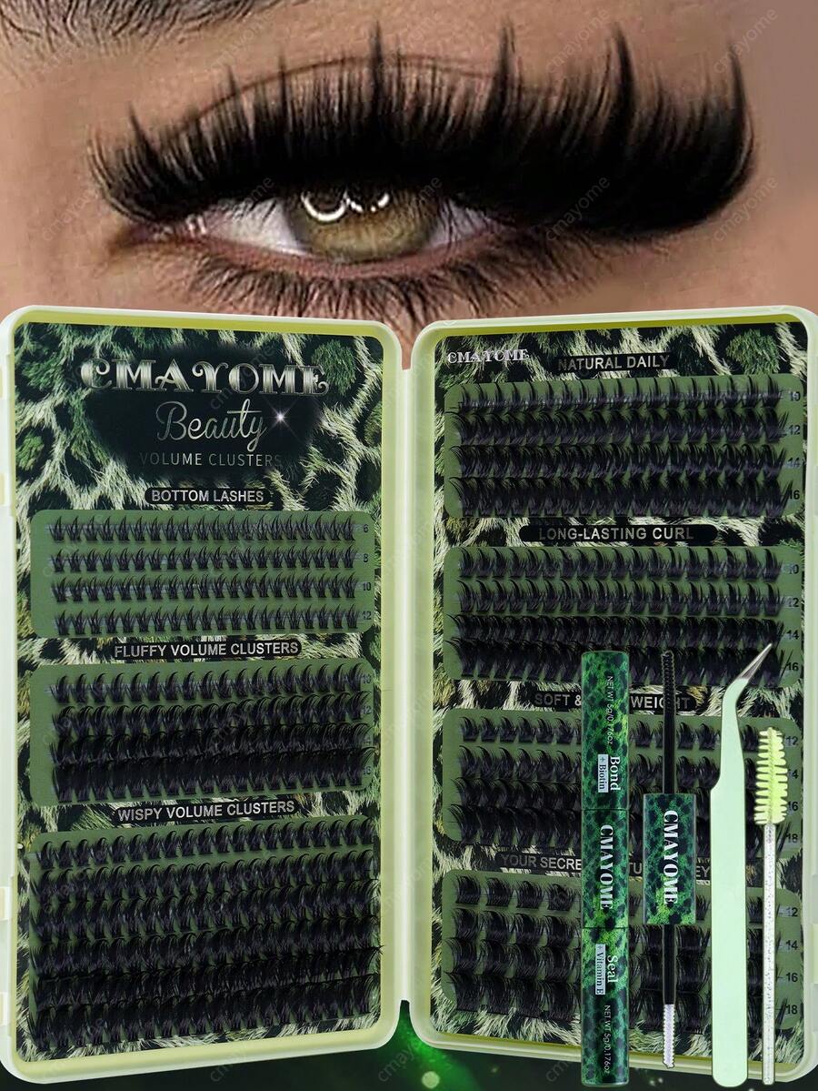 CMAYOME [Christmas Limited Edition]520/396/384PCS Multi-Specification Cluster False Eyelashes DIY Set, Spiky, Wheat, Cat Eye Styles Combination, 6-18mm Mixed Length, Segmented Design, Can Be Freely Matched According To Eye Shape And Makeup Style To Create Cartoon Big Eyes, Exquisite Cat Eyes, Fairy-Like And Daily Makeup Effects, Suitable For Home Application, Dates, Parties And Holiday Looks, Set Includes Eyelash Glue, Tweezers, Single-Head Brush For Easy Cluster Picking, Positioning And Organizing - Green - View 1