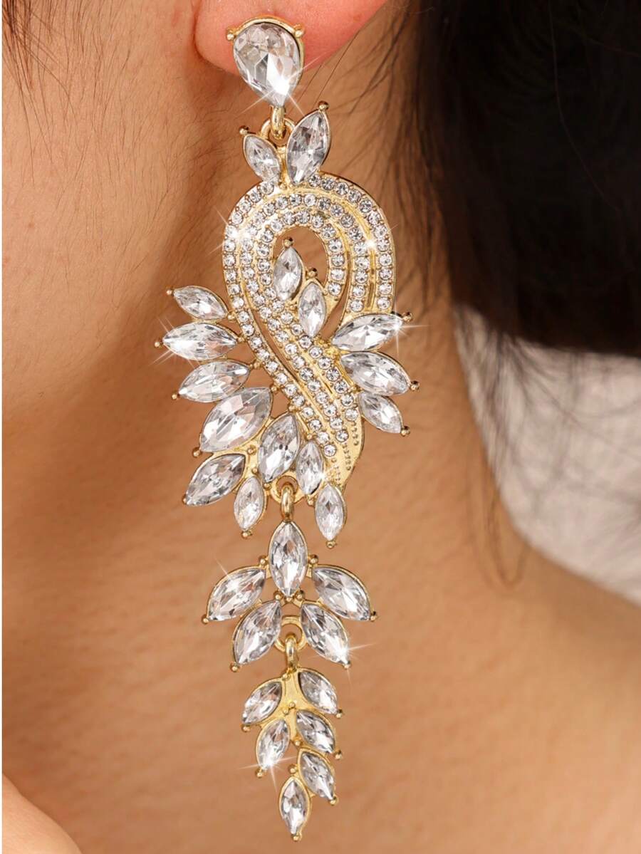 Rhinestone Decor Drop Earrings - Yellow Gold - View 1