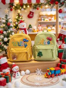 1pc Personalized Pink Customized Name Corduroy Backpack, Cute Student School Bag, Exquisite Embroidered Bag, Unique Back To School Birthday Gift, Aesthetic Retro Sweet Style, Chenille Applique - Multicolor - View 11