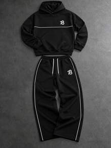 Zrgoth Men's High Street Colorblock Line Print Sportswear Set, With "B" Star Pattern Print, Loose Hoodie And Wide Leg Drawstring Sweatpants 2 Pieces Set - Black - View 2