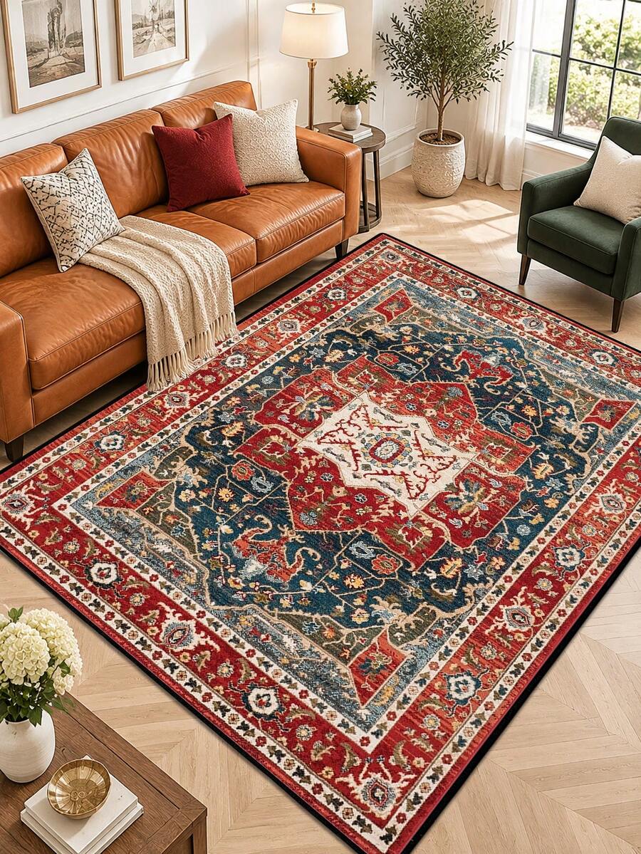 1pc Vintage Persian Rug, Bohemian Floral Medallion Pattern Carpet, Distressed Oriental Rug, Soft Polyester Rectangular Rug, Suitable For Living Room, Bedroom, Hallway, Kitchen, Office, Farmhouse Home Decor