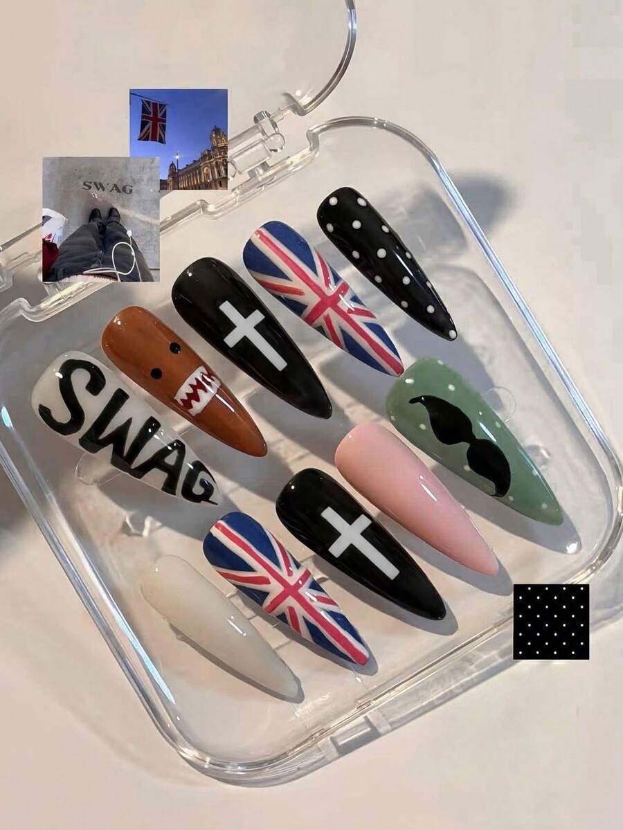 30pcs Long Almond Shaped Press-On Nails, Featuring Cute DoMo, Mustache, Flag, Polka Dot, Pattern Designs, Set Includes: 1pc Jelly Glue And 1pc Nail File. Niche Nails. - Multicolor - View 1