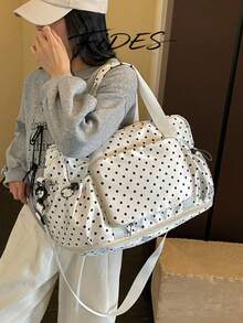 1PC New Women's Polka Dot Handheld Travel Bag, Durable Fabric With Front Storage Pocket, Expandable Design, Shoulder Strap, Luggage Trolley Attachment, Large Capacity, Suitable For Short Trips, Maternity, Fitness, Versatile Luggage Bag - White - View 7