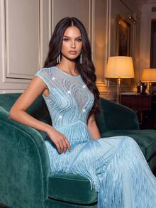 Modphy Light Blue Round Neck Mesh Heavy Beaded Evening Dress, Multi-Layer Tassel Bodycon Party Stage Maxi Gown - Blue - View 3