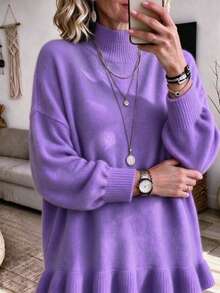 Plus Size Women's Plush Medium Stretch Knit Stand Collar Ruffle Hem Pullover Sweater, Suitable For Autumn/Winter - Purple - View 3