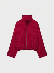 YROOE Women's Autumn/Winter Red & Black Small Plaid Stand Collar Zipper Raglan Sleeve Loose Short Jacket - Red - View 2