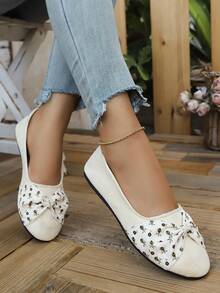 Women's French Vintage Floral Bow Ballet Flats, Round Toe Soft Sole Slip-On Commuter Casual Flat Shoes - Chantilly - View 7