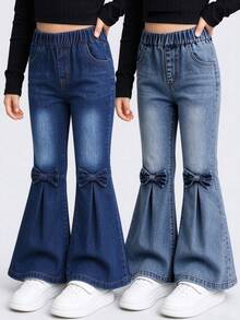 2pcs/Set Girls Toddler Casual Style 3D Bow Soft Comfortable Denim Flare Pants Suitable For Outdoor Wear Spring/Summer - Blue - View 1