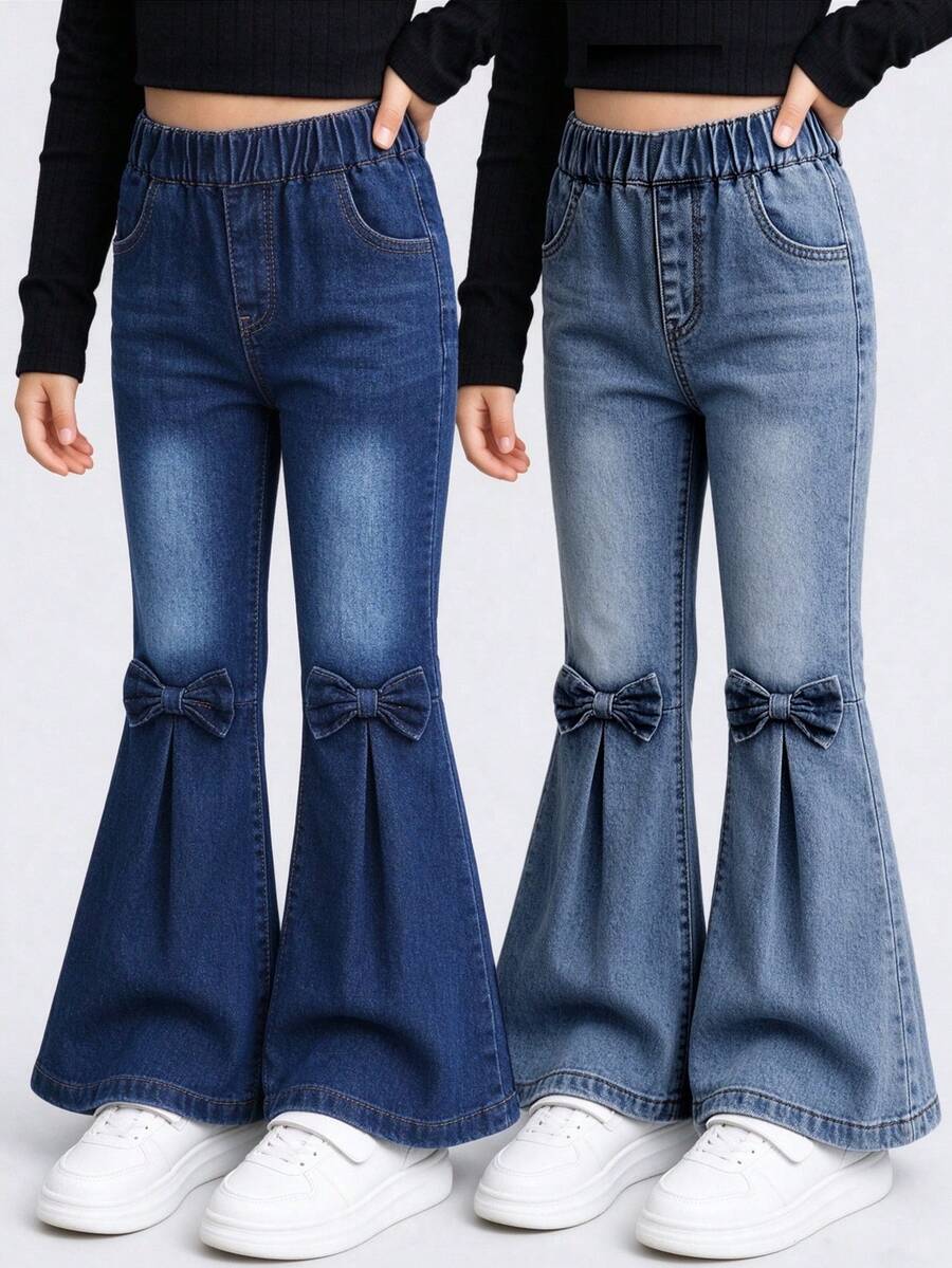 2pcs/Set Girls Toddler Casual Style 3D Bow Soft Comfortable Denim Flare Pants Suitable For Outdoor Wear Spring/Summer - Blue - View 1