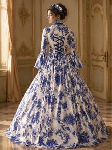 Ready Stock Blue And White Porcelain Pattern Medieval Victorian Court Dress Renaissance Gothic Lolita Bell Sleeve Dress - Blue - View 4