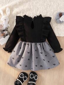 1pc Baby Girl Cute Elegant Ribbed & Printed Fabric Long Sleeve Dress, Thin For Spring/Autumn Party - Black - View 2