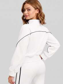 NcmRyu Women's 1pc Autumn/Winter Color Block Line Design High Neck Zipper Pocket Cropped Fitness Training Jacket - White - View 7