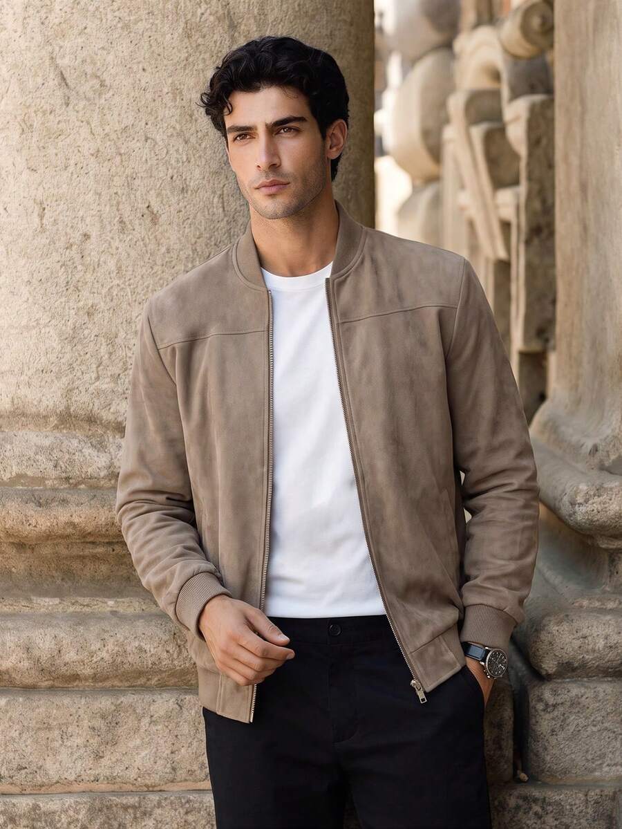 Jaket Kasual Pria Bahan Suede Imitasi, Cocok untuk Aktivitas Luar Ruangan, Desain Resleting, Cocok untuk Musim Semi dan Gugur, Jaket Musim Gugur, Hadiah untuk Pria - Unta - View 1