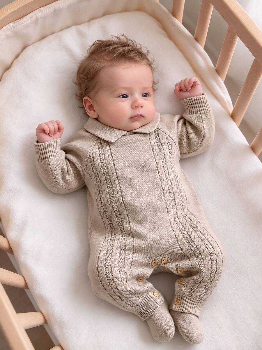1pc Baby Knit Sweater Romper, Doll Collar Cable Knit Long Sleeve Bodysuit, Open Crotch Design, Daily Wear For Unisex Infants - Camel - View 1