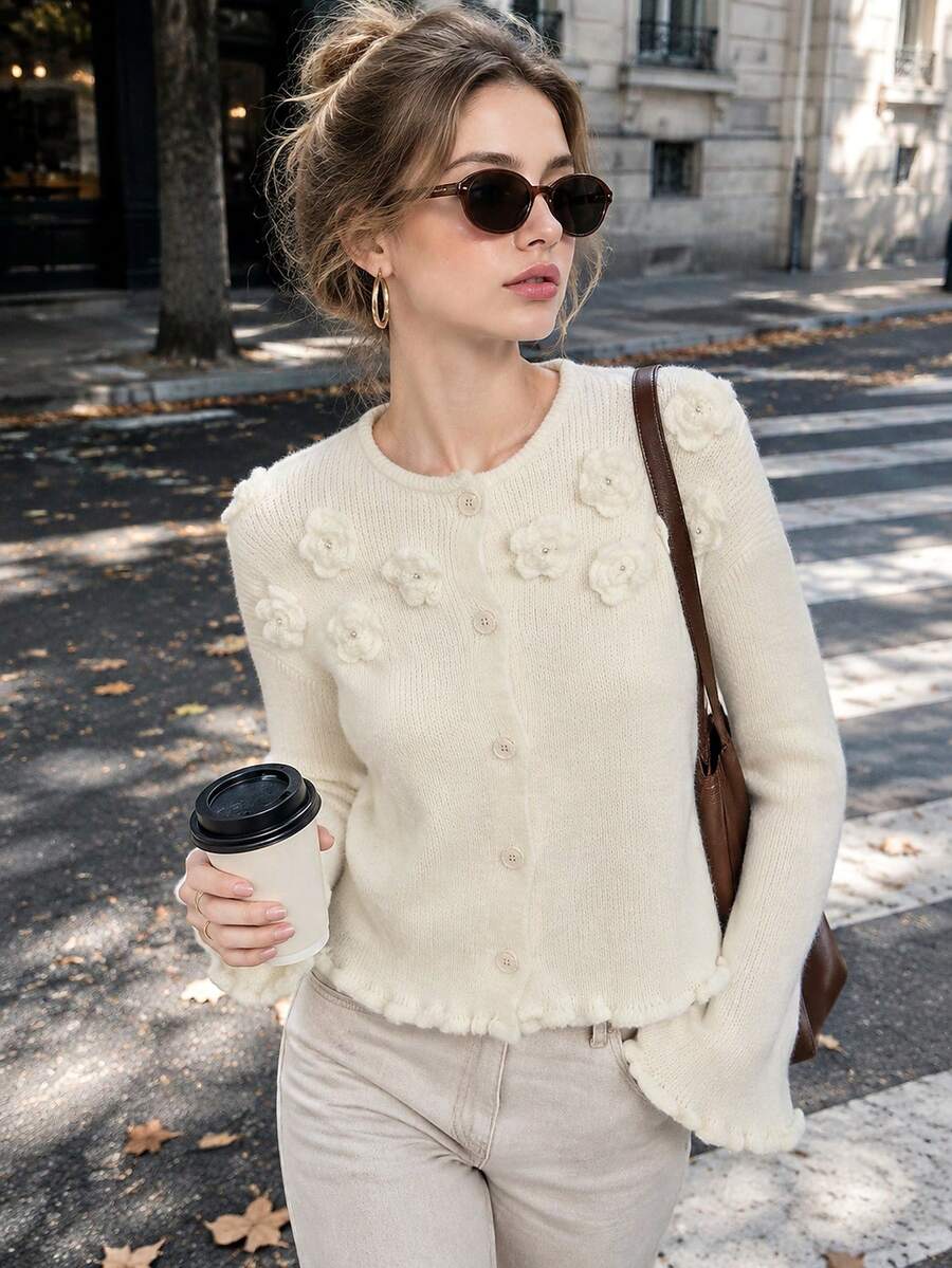 3D Floral Knit Cardigan With Ruffle Cuffs - Sweet And Comfortable Women's Winter Sweater, Perfect For Christmas And Holiday Parties - White - View 1