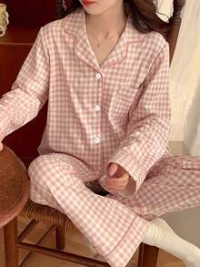 2pcs Women Pajama Set, Long Sleeve Top And Pants, Casual Loose Homewear With Lapel, Comfortable For Home And Outdoor Wear, Suitable For Spring, Summer, Autumn And Winter (Pattern Random) - Multicolor - View 1