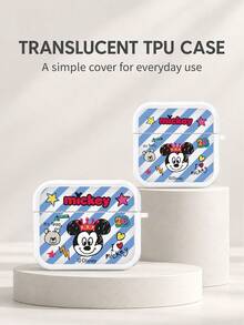 Miniso Disney Premium TPU 藍牙耳機保護殼，附 1 個同色掛鉤，可愛卡通米奇米妮，適用 AirPods 1/2/3/4/5/Pro/Pro2/Pro3，新款軟殼，中性款 - 白色 - 查看 2