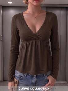 Plus Size SCARLUX Autumn/Winter Y2K Women's Brown V-Neck Long Sleeve Knit Top, Suitable For Back To School, Street, Commute And Comfortable Home Wear - Brown - View 2