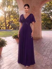 EVERPRETTY Autumn Elegant Formal Purple Wedding Guest V-Neck Ruffle Short Sleeve Applique Decorated Chiffon Maxi Dress Mother Of The Bride - Purple - View 1
