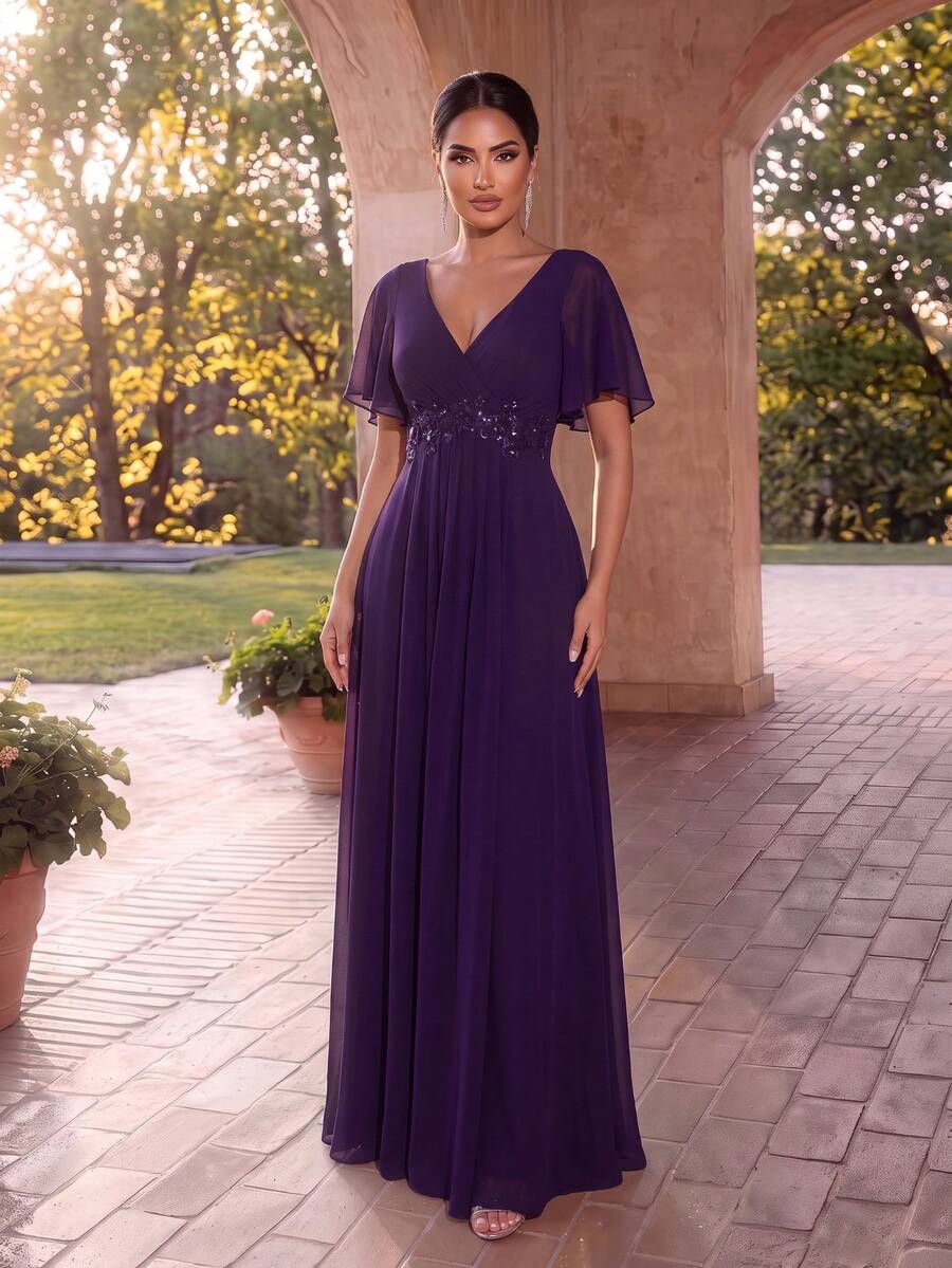 EVERPRETTY Autumn Elegant Formal Purple Wedding Guest V-Neck Ruffle Short Sleeve Applique Decorated Chiffon Maxi Dress Mother Of The Bride - Purple - View 1
