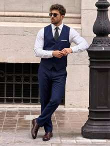 DAZY Men's 3 PiecesSuit Set, Elegant Solid Color Slim Fit Gentleman Vest, Pants And Tie Set, Business Commute, Wedding, Party, Ball - Navy Blue - View 8