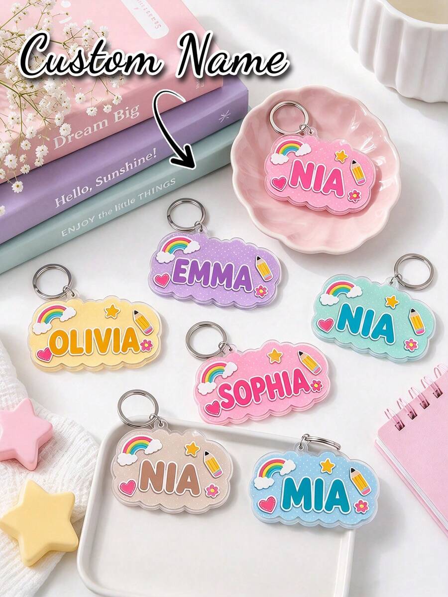 1pc Customized Cloud Acrylic Keychain, Personalized Name, Cute Rainbow Pencil Case Charm, Suitable For Backpack, School Bag, Handbag And Luggage, Gift For Girls, Commemorative Keychain, Back To School Keychain - Multicolor - View 1