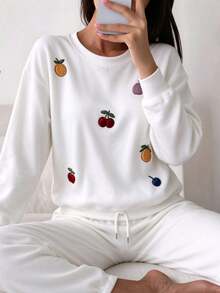 Women's White Fruit Embroidery Sweatshirt & Sweatpants Set, Crew Neck Loose Long Sleeve Drawstring Cuffed Pants 2 Pieces Set, Casual Home & Light Sports Outfit - White - View 7