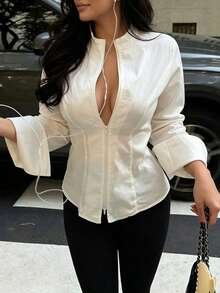 Plus Size Women's Stand Collar Full Zip Flared Sleeve Fitted Linen Shirt, Slim Fit Top, Suitable For Autumn Office Commute, Elegant Style - White - View 1